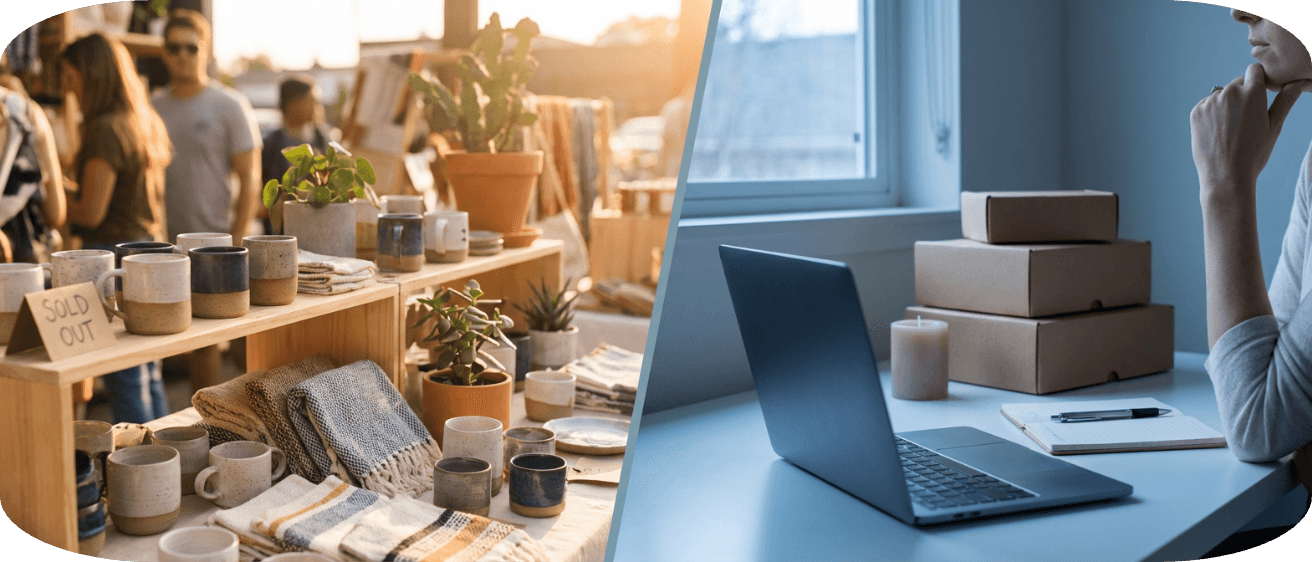 Etsy seller comparing in-person craft market sales with online shop performance and product shipping workflow.