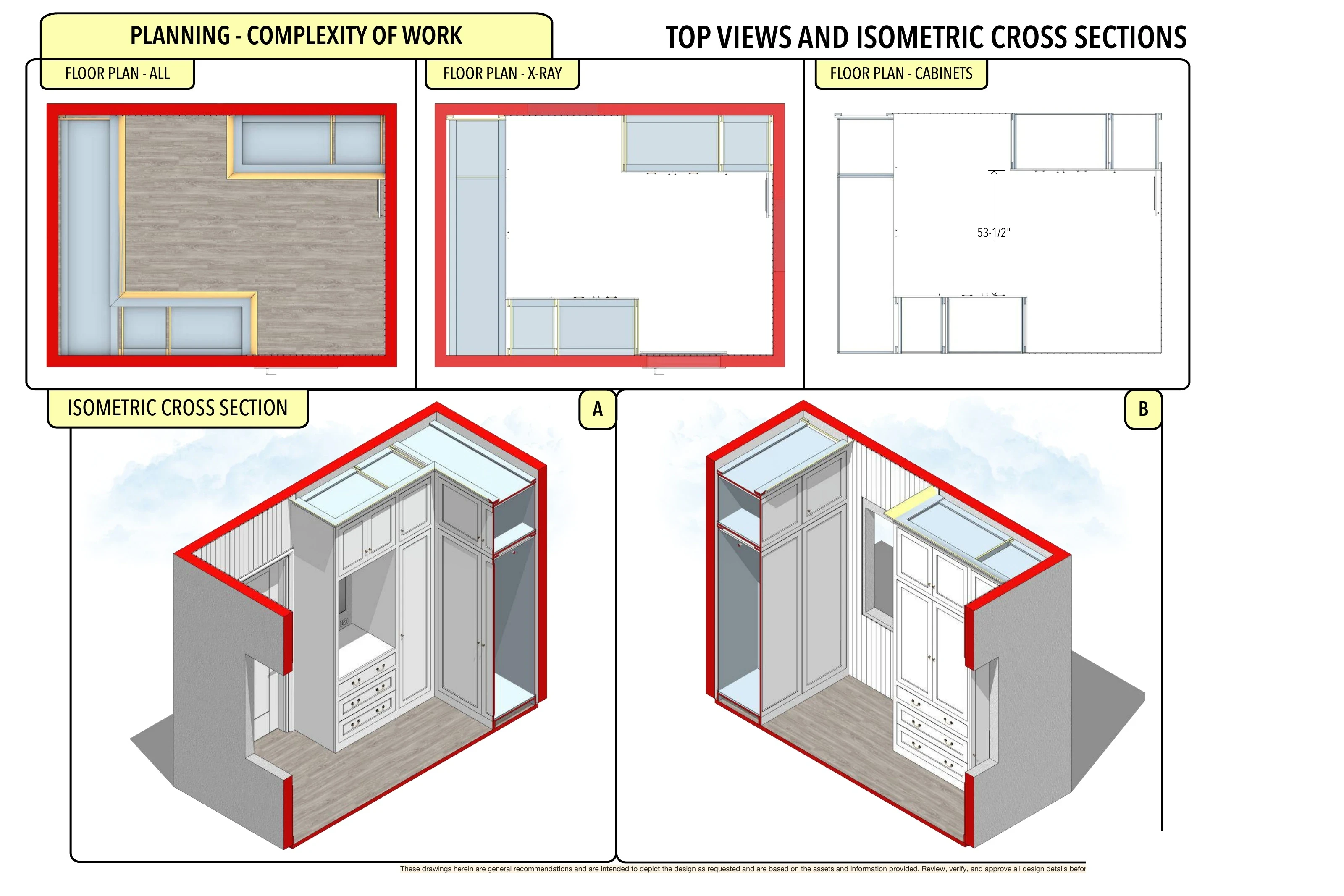 Cabinet-Lined Dressing Room: Dressing-room cabinet plans and paired isometric sections.