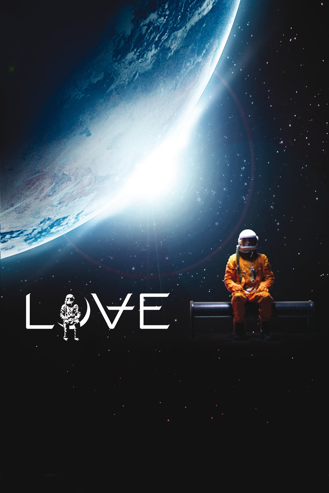 A lone astronaut in an orange suit sits on a platform in space, facing a bright planet. The word "LOVE" is artistically written, incorporating a small astronaut design. The background is a star-filled expanse.