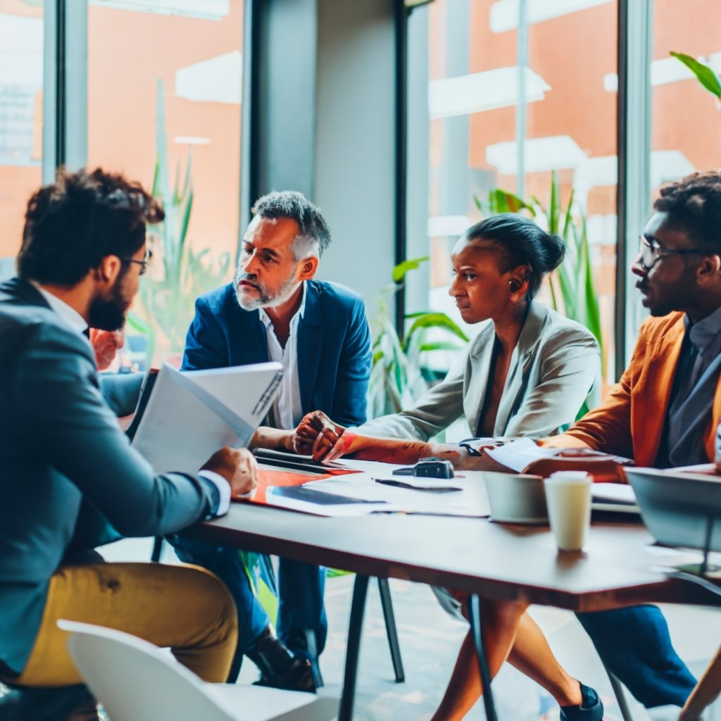 Diverse team of professionals engaged in a discussion around a conference table, focusing on a document symbolizing the L1A visa application process.