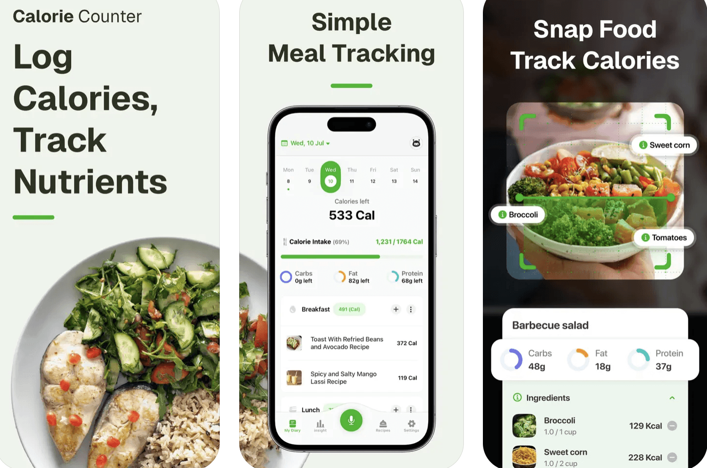 Features of Caloric app demonstrated through its UI