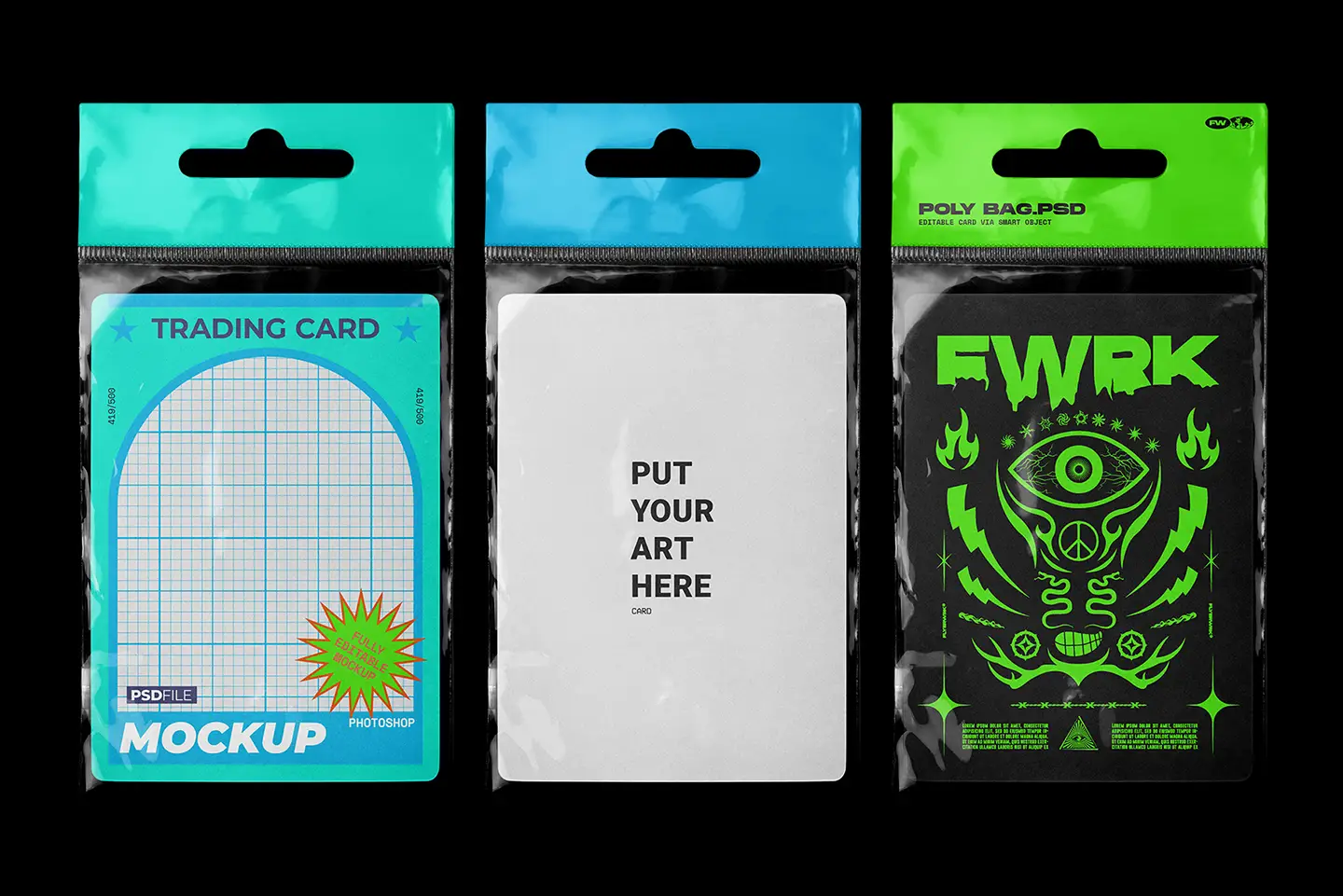 Hanging Poly Bag Mockup showcasing teal blue and neon green header color variants with bold streetwear graphics