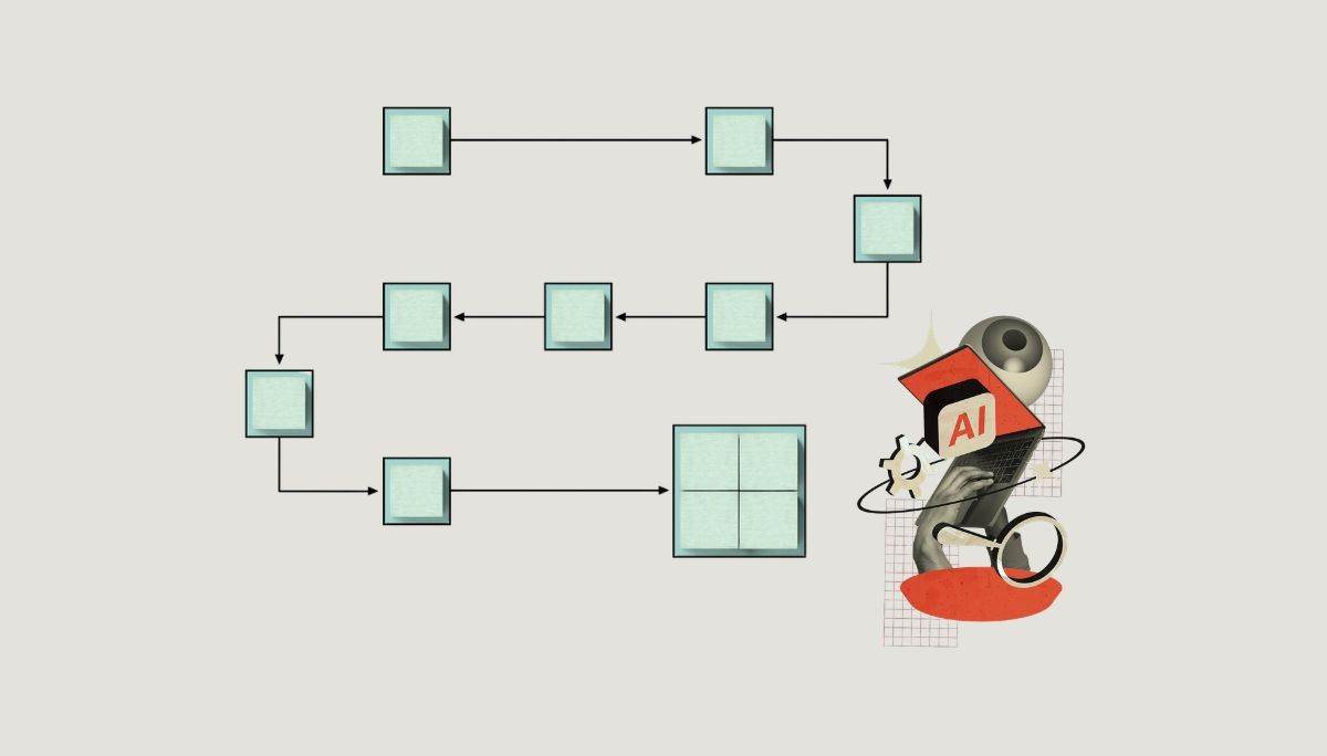 Stylized illustration of AI workflow with laptop and flowchart, symbolizing agentic AI design patterns for engineers.
