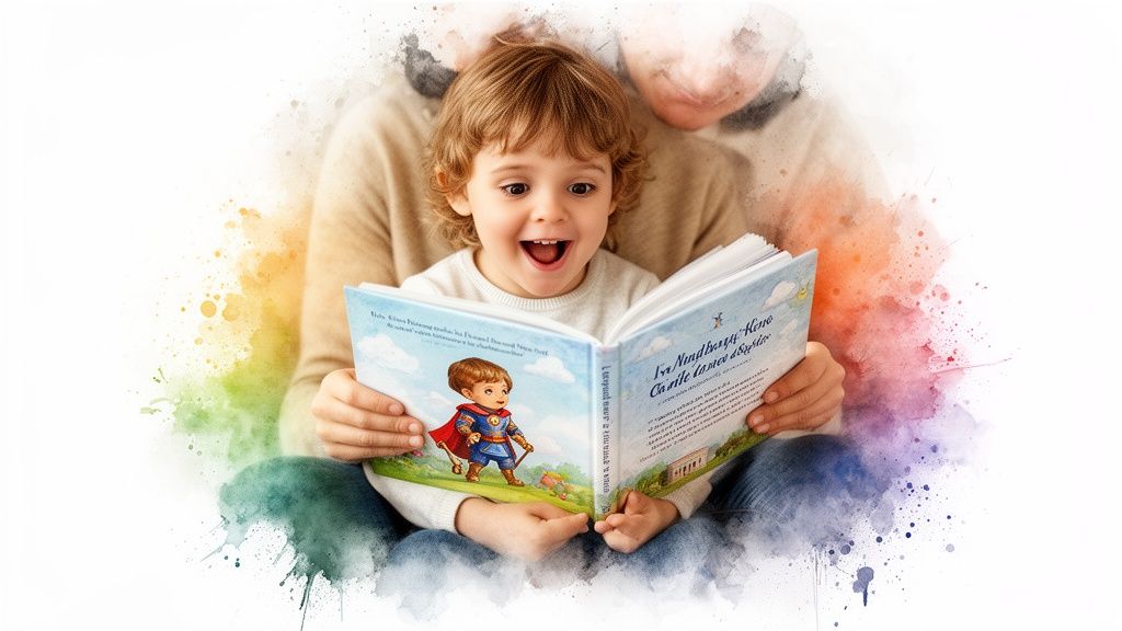 Excited child looking at an open storybook with an adult, surrounded by watercolor splashes.
