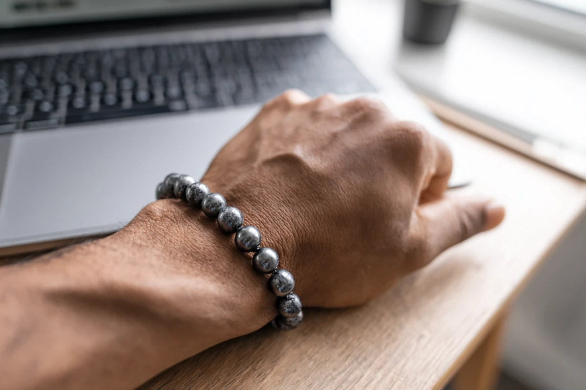 Hematite bracelet on man's wrist next to laptop keyboard