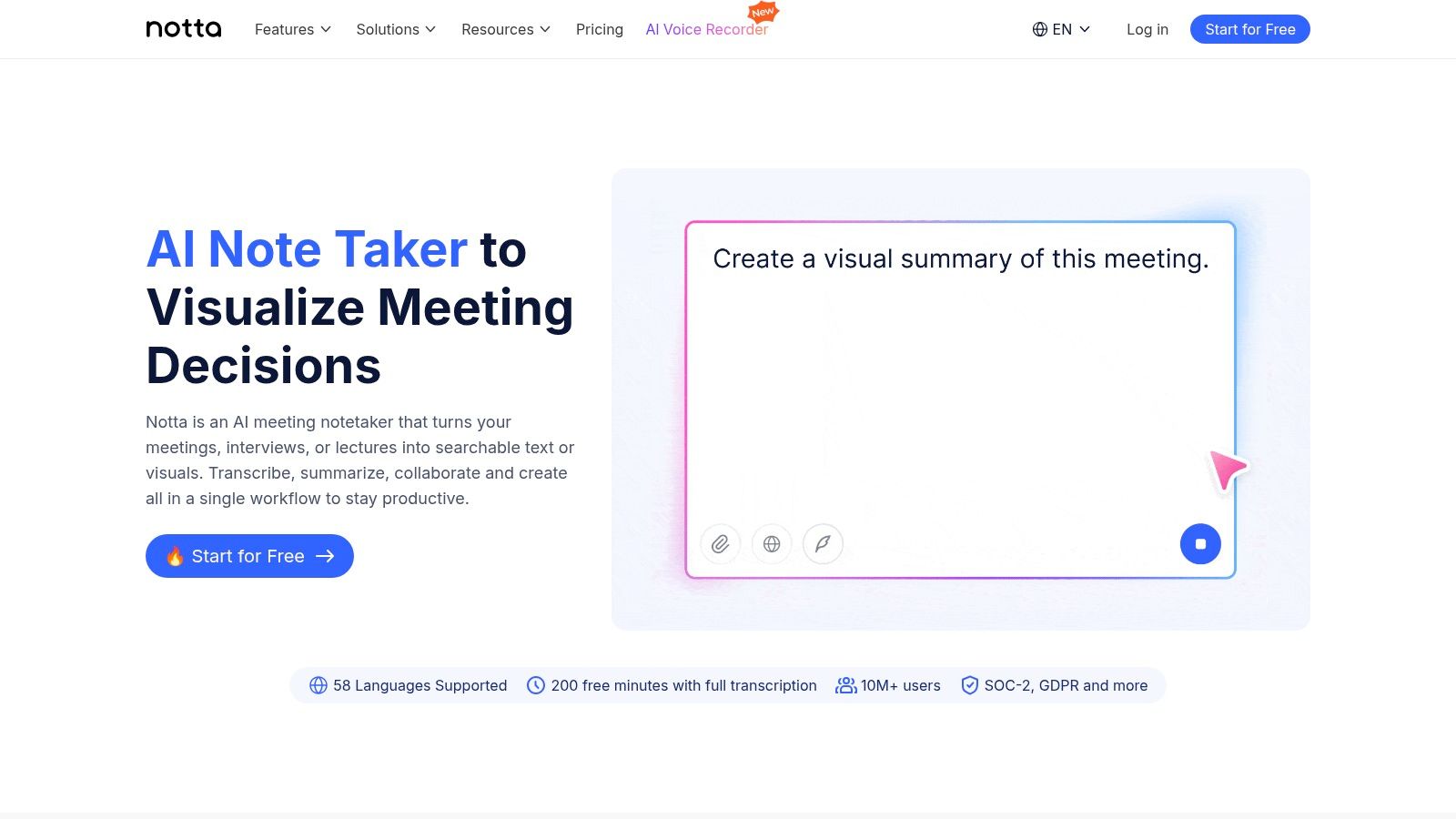 Interface de Notta montrant la transcription et le résumé d'une réunion
