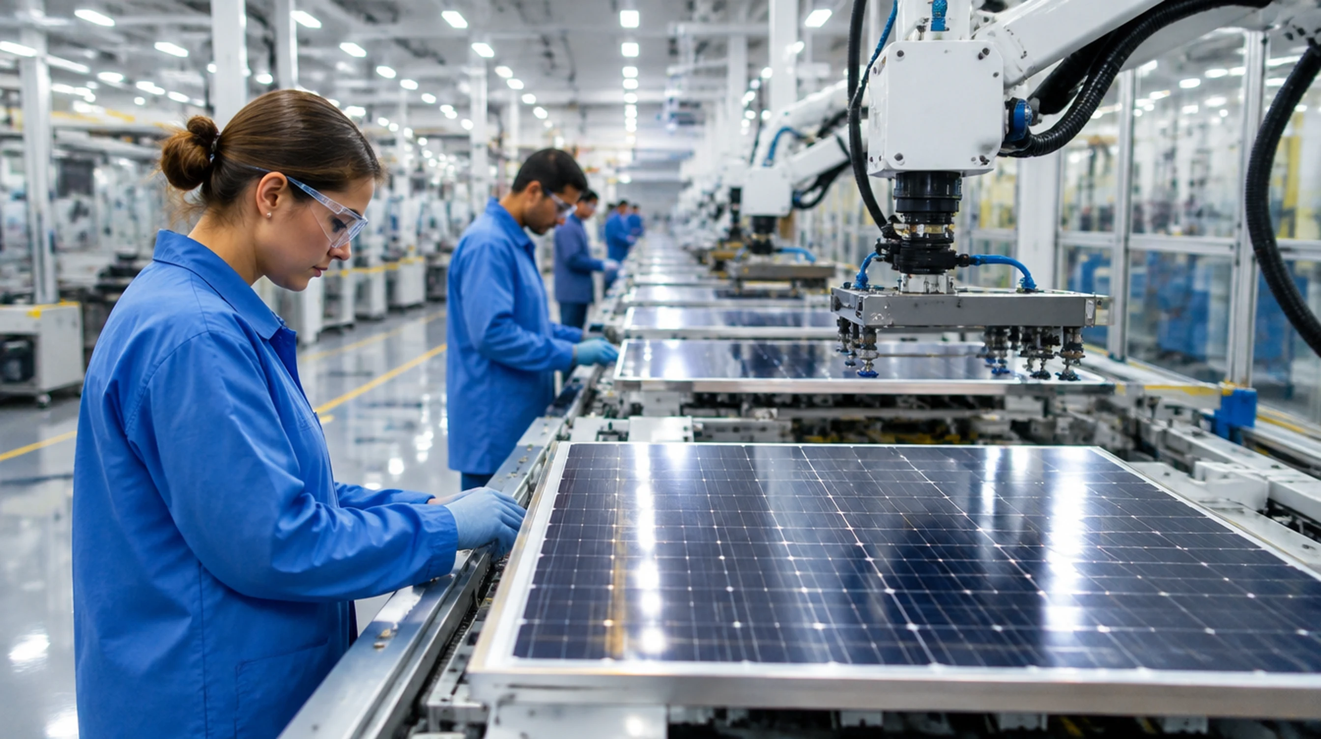 Workers inspecting solar modules on an automated U.S. factory production line