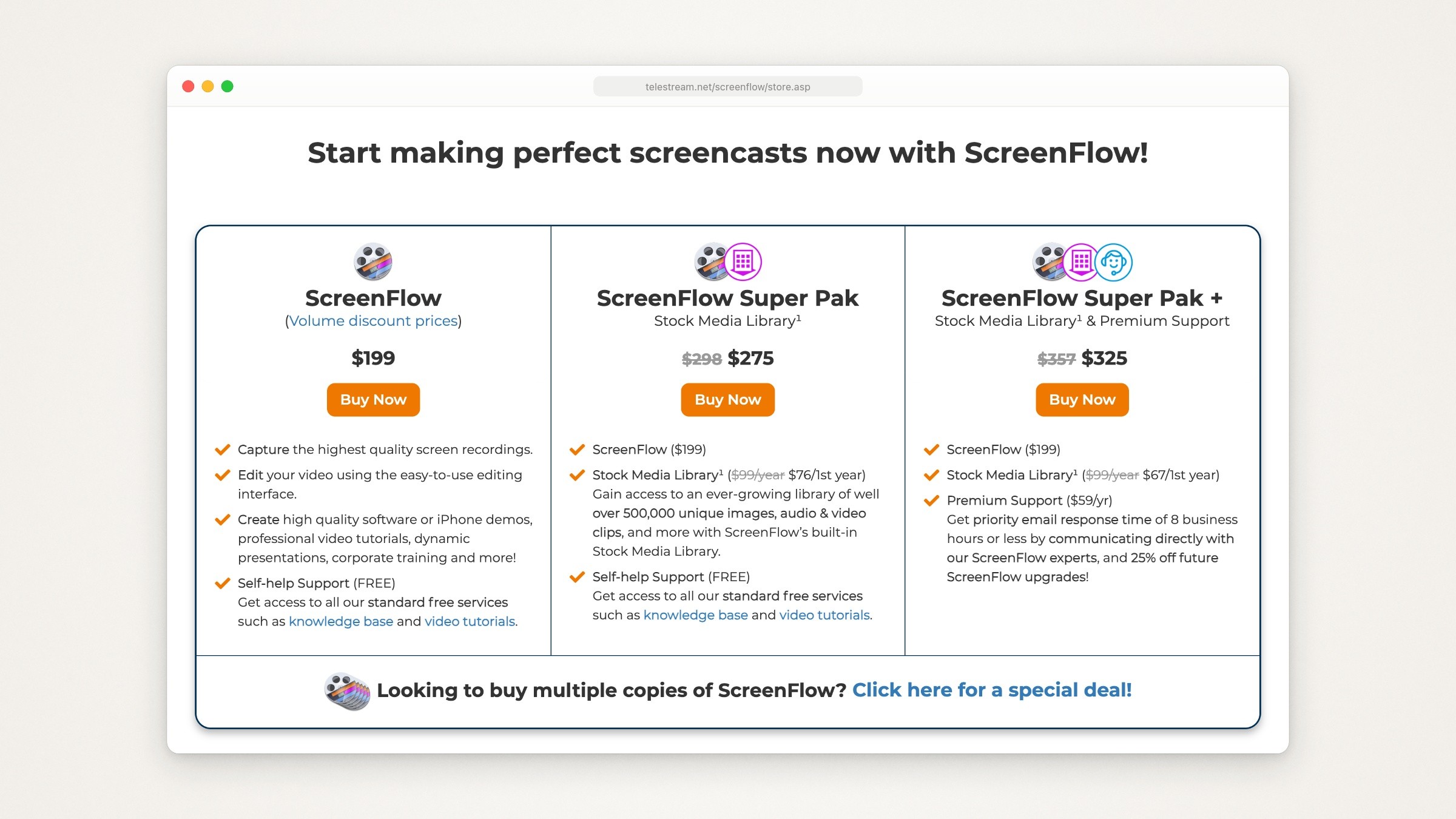 Telestream’s ScreenFlow store: ScreenFlow at $199, the Super Pak at $275 and the Super Pak plus Premium Support at $325