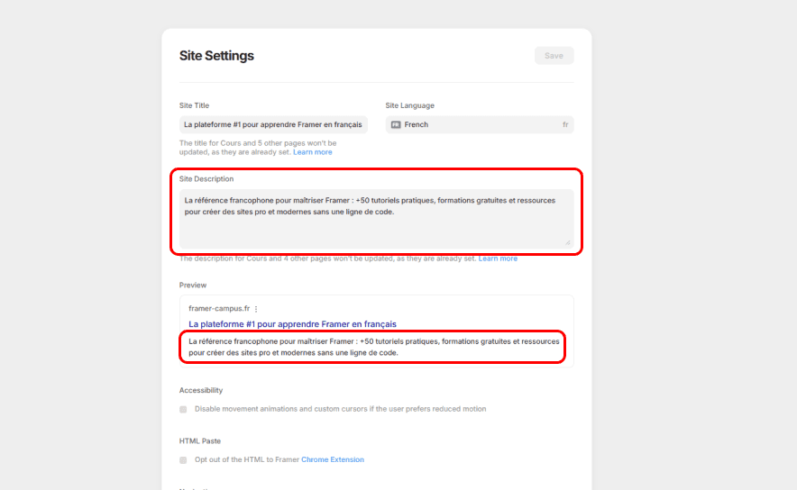 Paramètre Site Description dans Framer pour définir la meta description affichée dans Google
