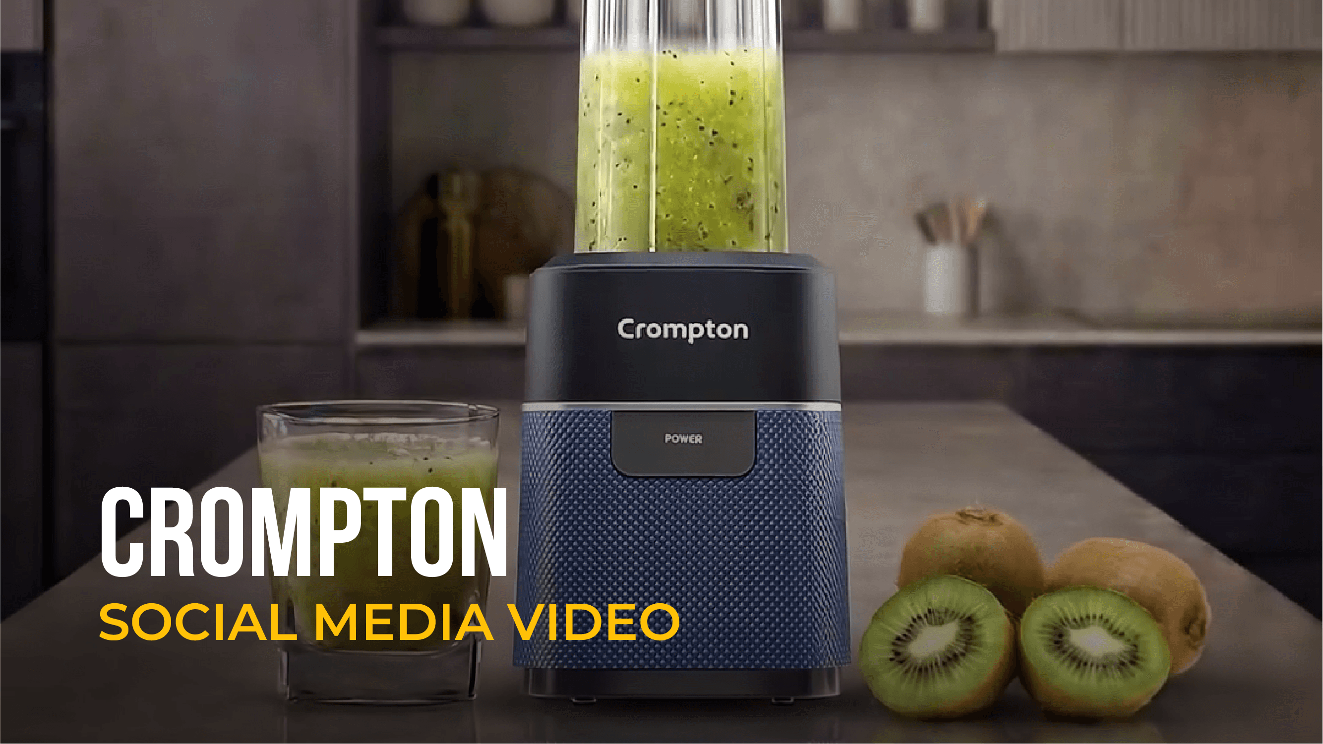 Crompton social media video featuring blender with kiwi smoothie on counter.