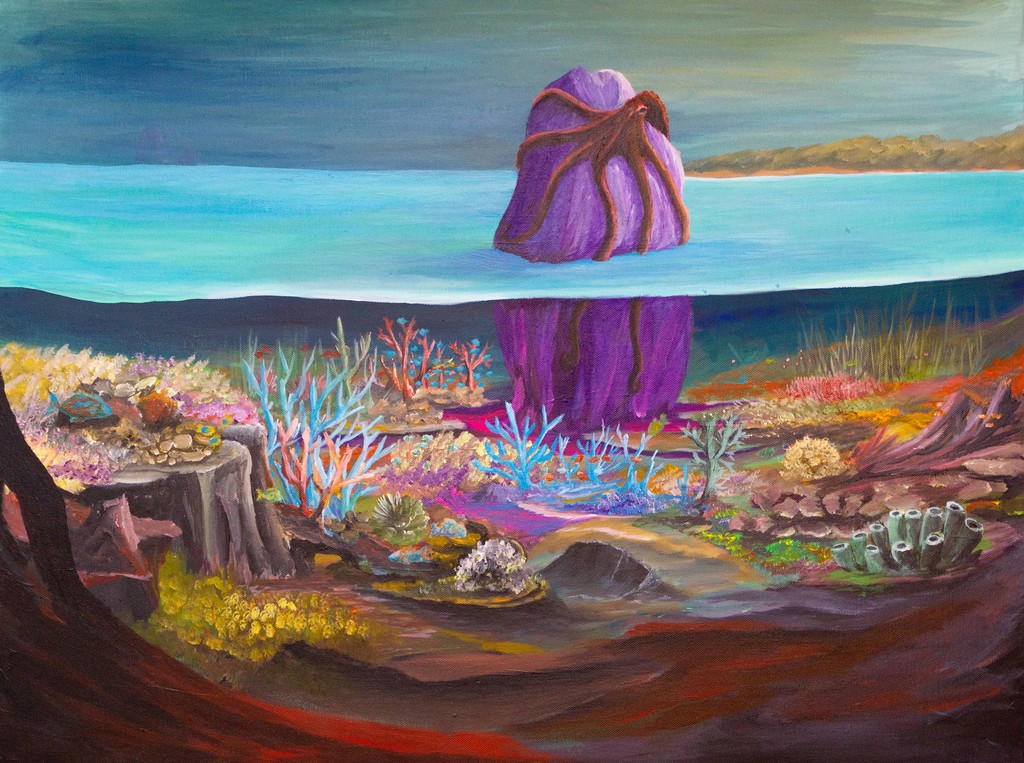 An octopus hugging a stone in a coral reef – painting by Joakim Sommar