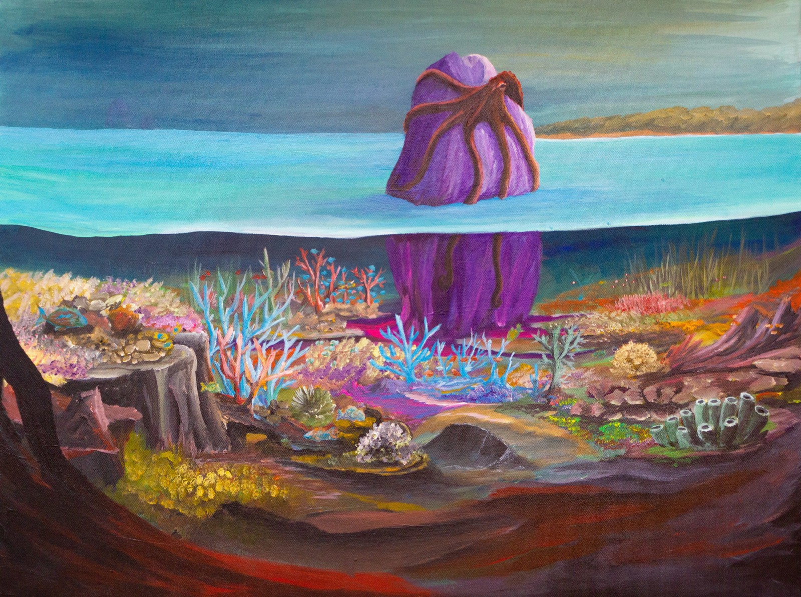 An octopus hugging a stone in a coral reef – painting by Joakim Sommar