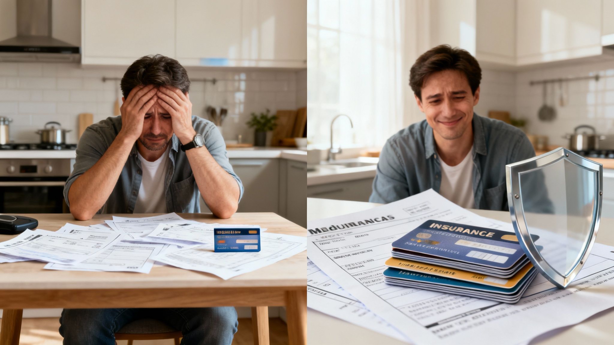 Man overwhelmed by bills on the left, finding relief with insurance cards and a protective shield on the right.