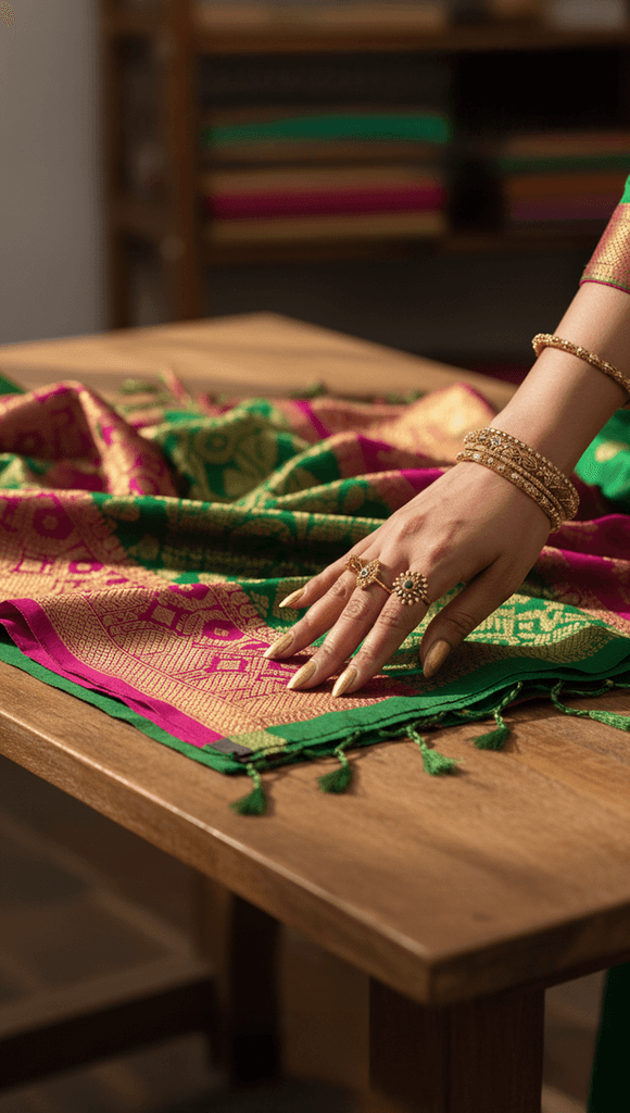 Close-up of hands feeling saree fabric textures, showing how to examine weave quality, threadwork, and authenticity when buying sarees.