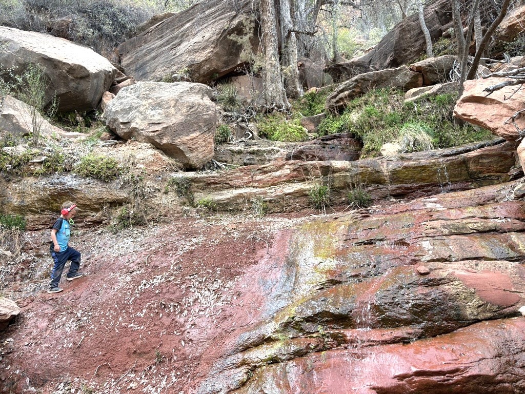 Climbing the wet sandstone below the Emerald Pools in Zion