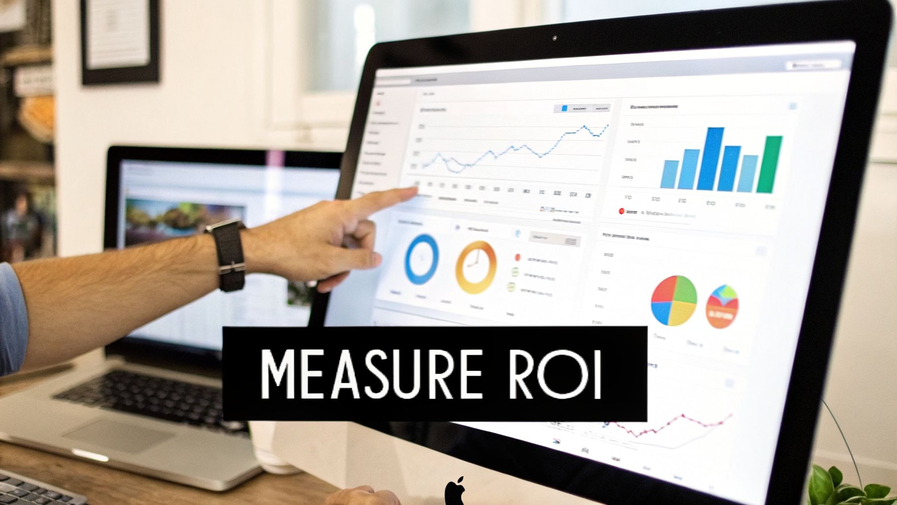 A hand points at a computer screen displaying various data analytics charts for ROI measurement.