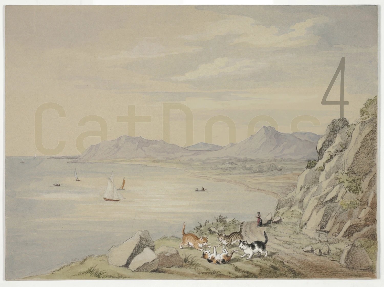 A soft-toned coastal landscape painting showing a calm bay with small sailboats, distant mountains under a cloudy sky, and rocky cliffs in the foreground. Four cats play together on a grassy path near the cliff edge, while a small figure sits further along the path overlooking the water.