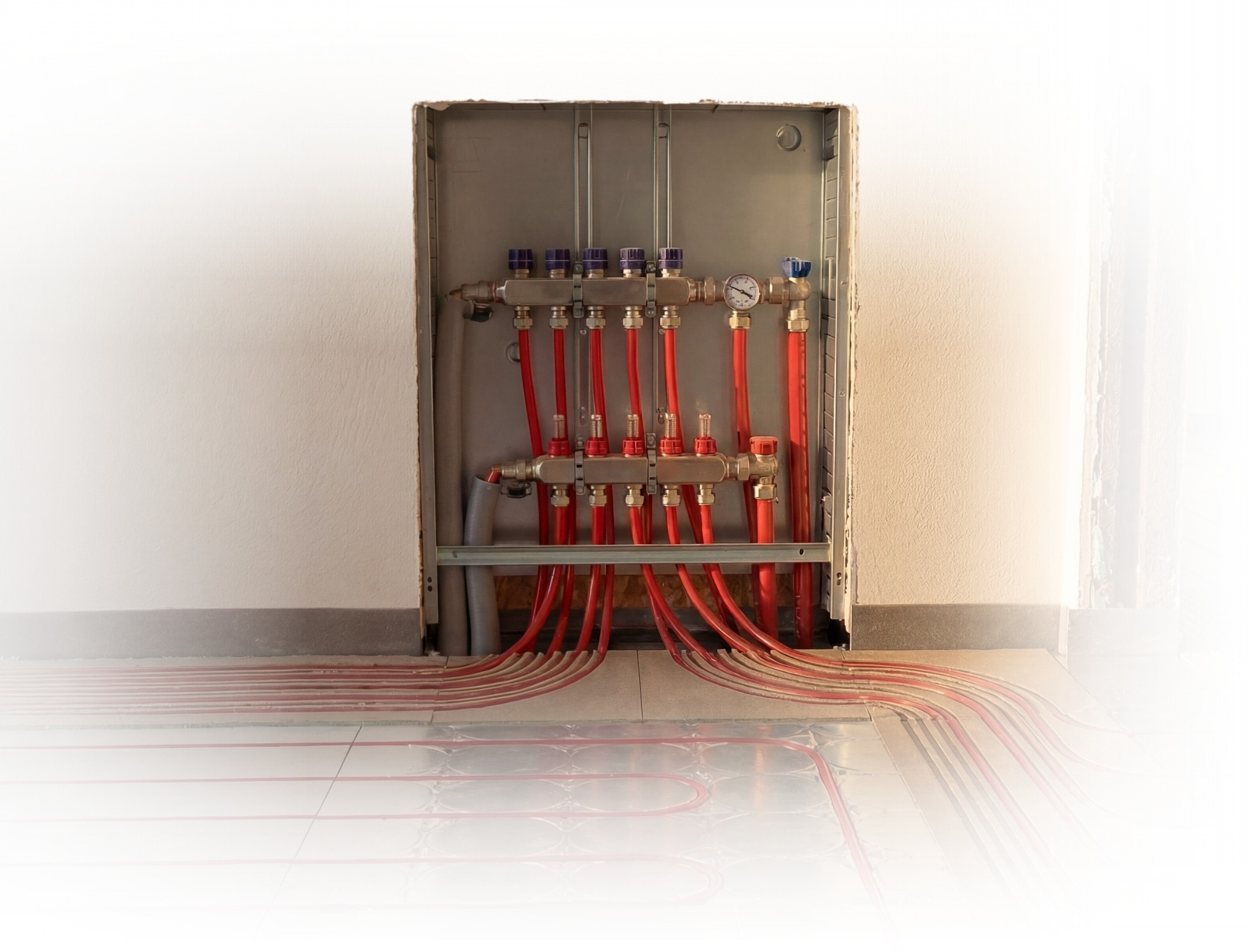 Header Bild für mobile Version mit einem Baby und einer Auflistung verschiedener Merkmale unserer Fußbodenheizung.