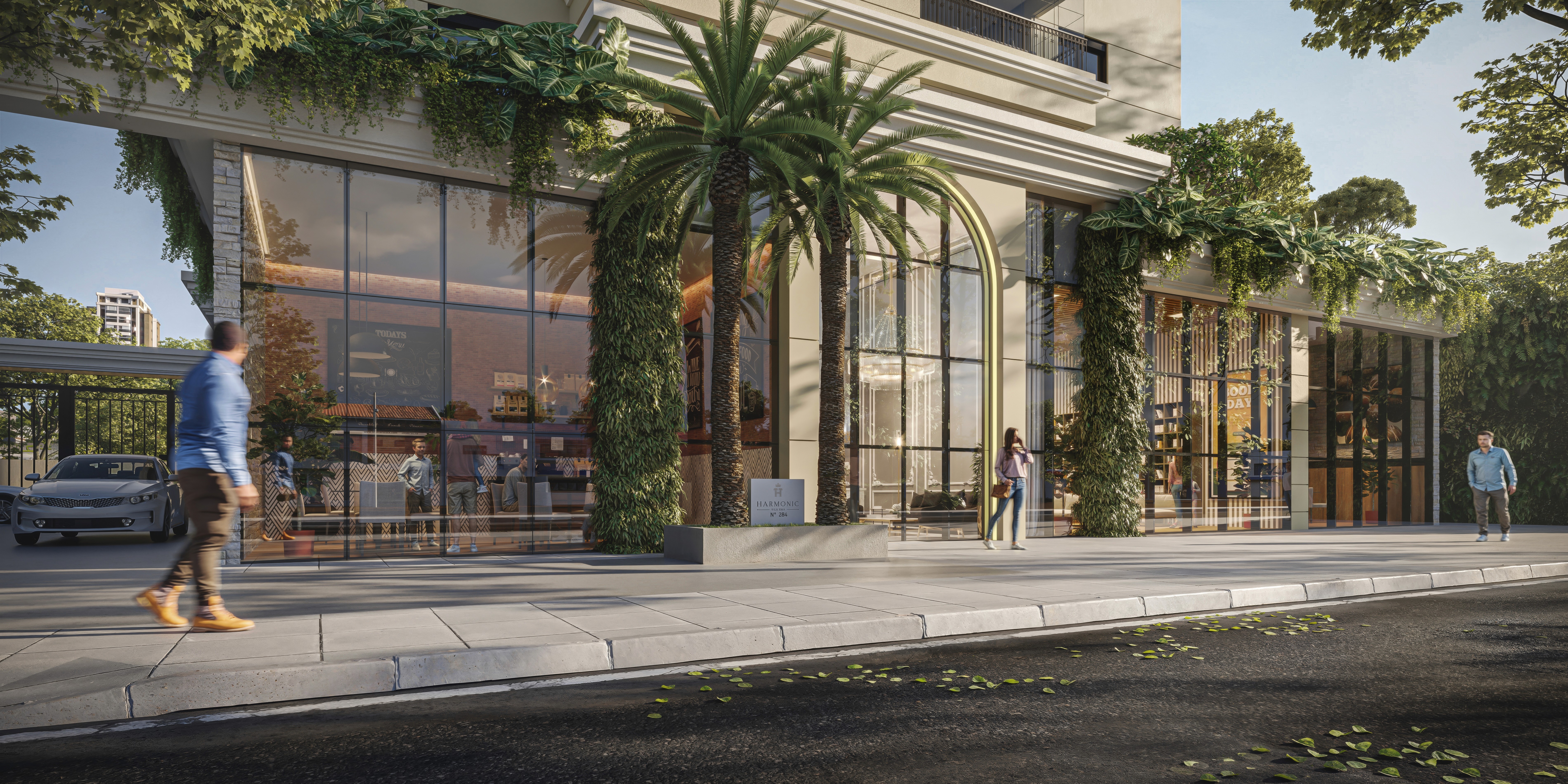 Curved modern skyscraper against a clear blue sky.