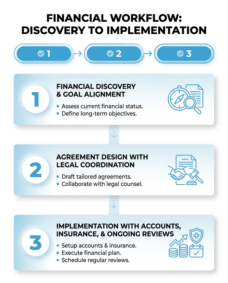 Vertical three-step financial workflow infographic showing discovery and goal alignment, agreement design with legal coordination, and implementation with accounts, insurance, and ongoing reviews, using blue accents and simple line icons for clarity.