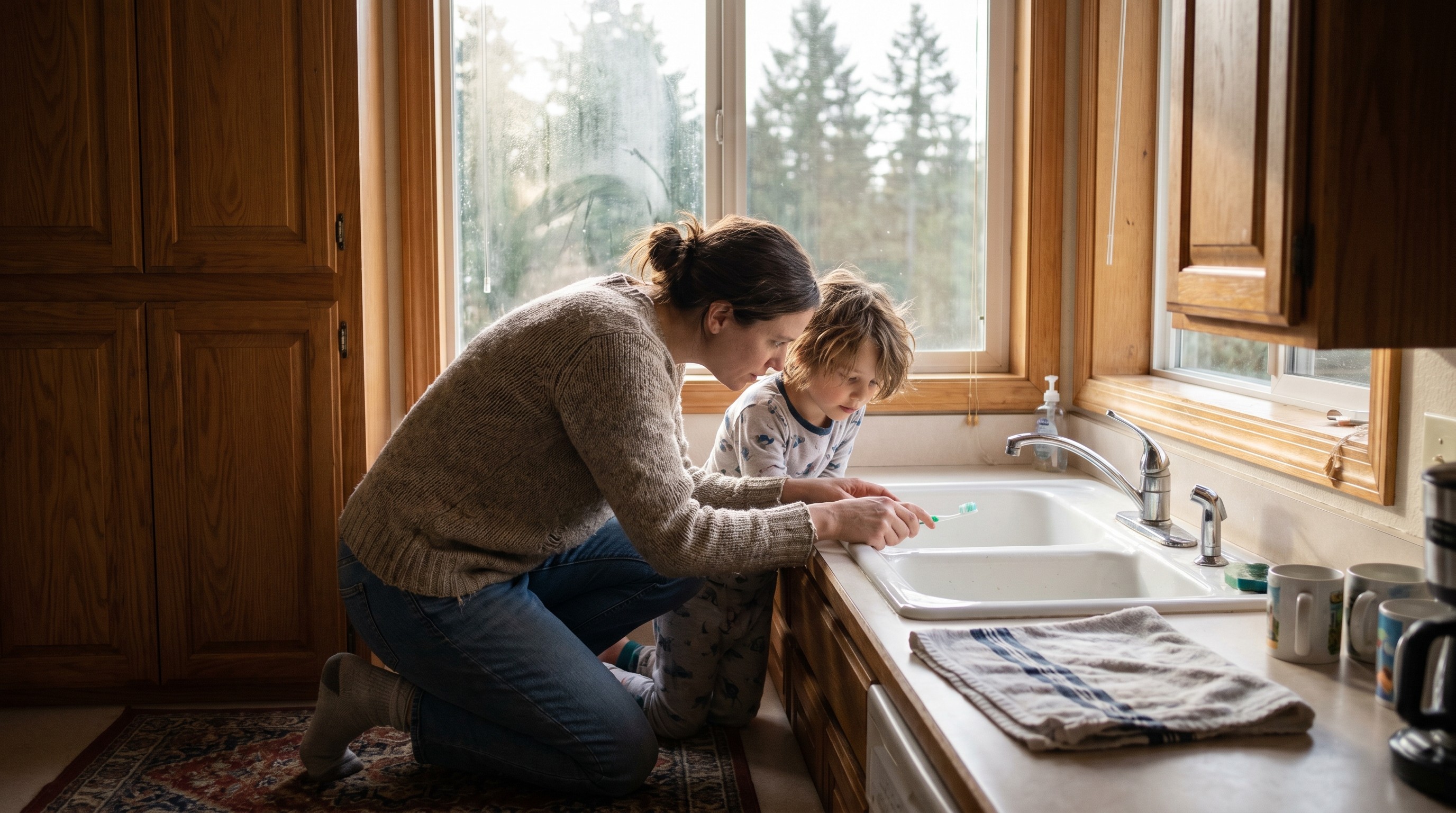 Mother in Tigard home helping young child brush teeth at bathroom sink in warm morning light