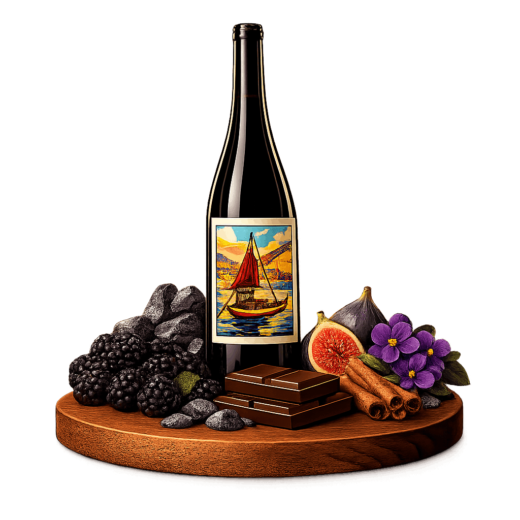 Artistic label and flavor profile for Portuguese Vintage Port on a rustic wooden table.