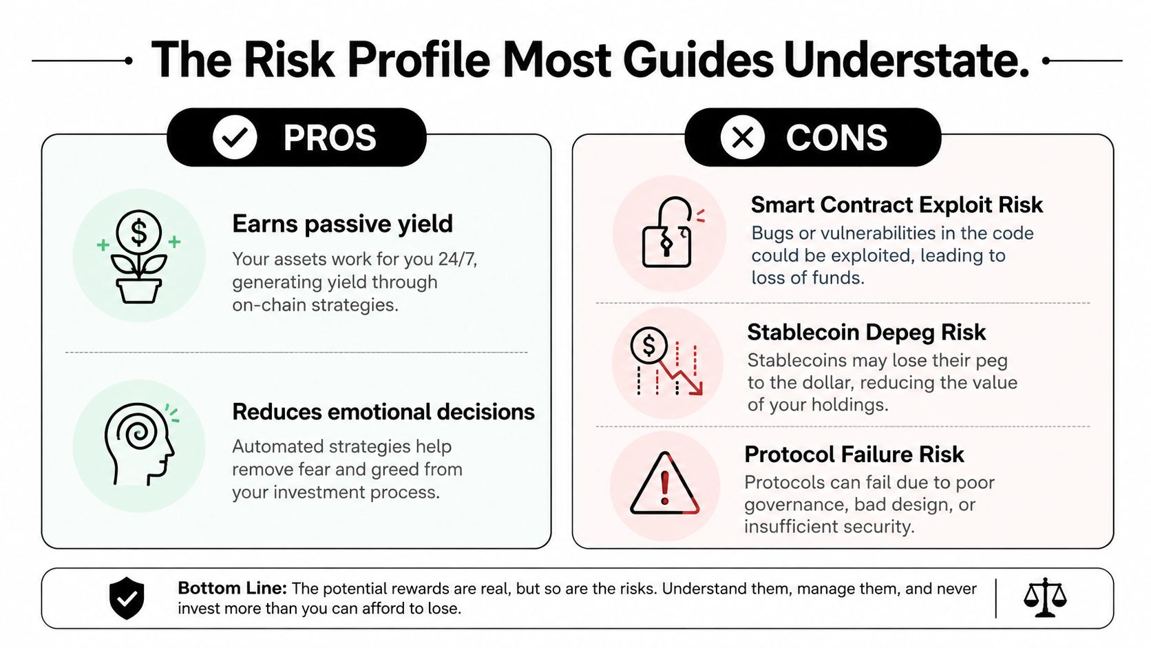 An infographic comparing the pros and cons of using automated cryptocurrency yield farming strategies.