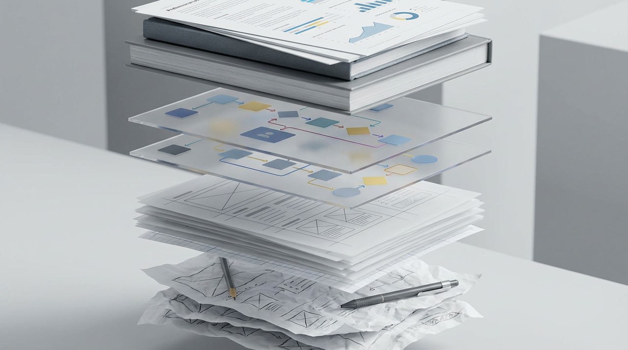 Diagrama del proceso de diseño que ilustra desde la investigación inicial y wireframes de baja fidelidad, hasta la entrega final de documentación técnica y métricas de éxito para el cliente.