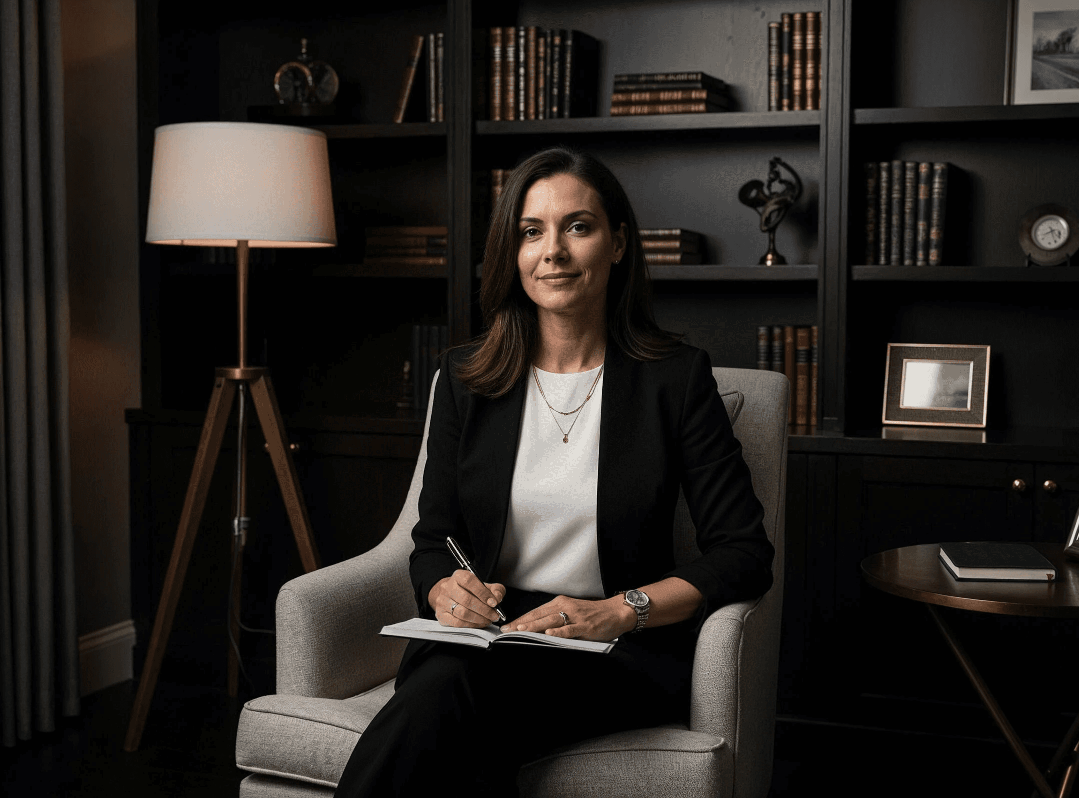 Female business coach in her office with notebook 