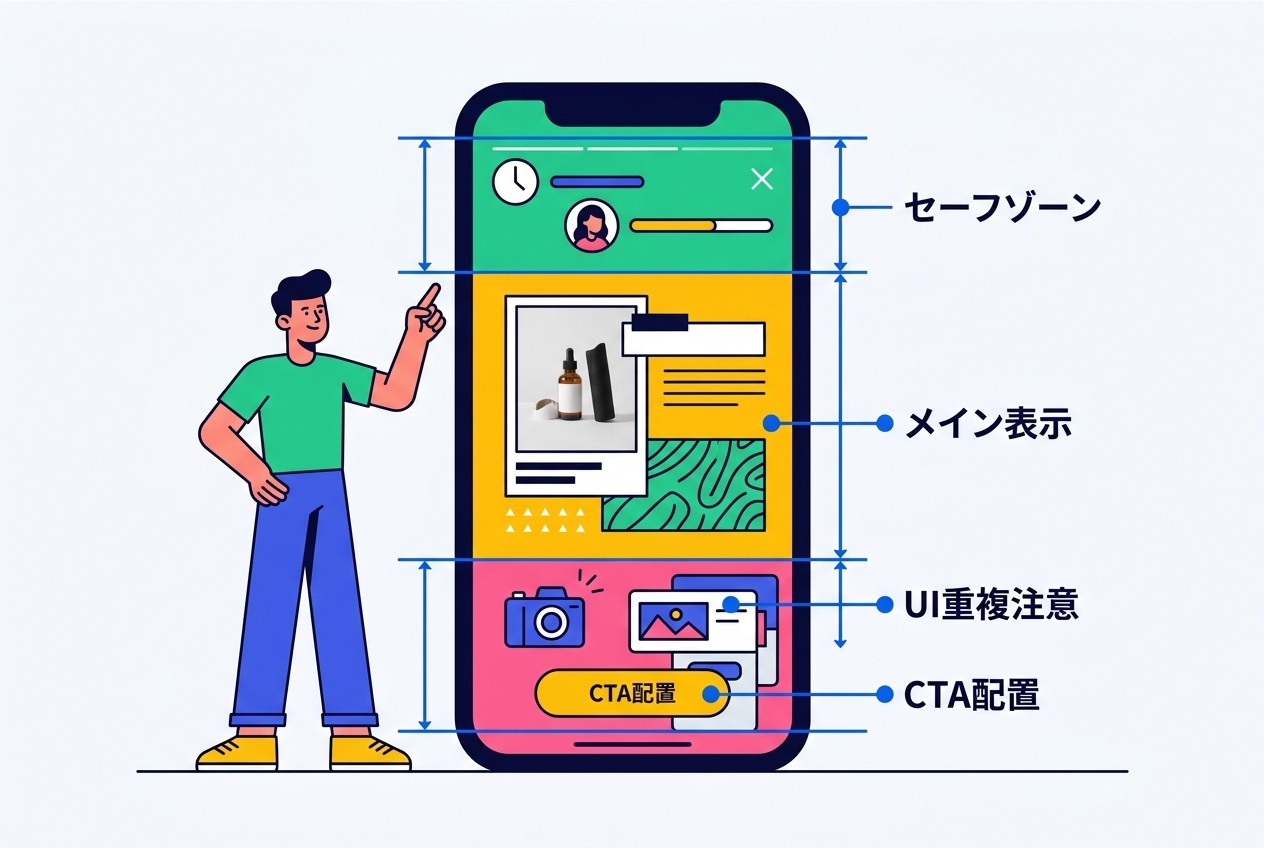 ストーリーズ広告のレイアウト設計例。上部250px、下部200pxをセーフゾーンとし、中央1,420px範囲にメインコンテンツを配置することで、UI重複を回避できる。