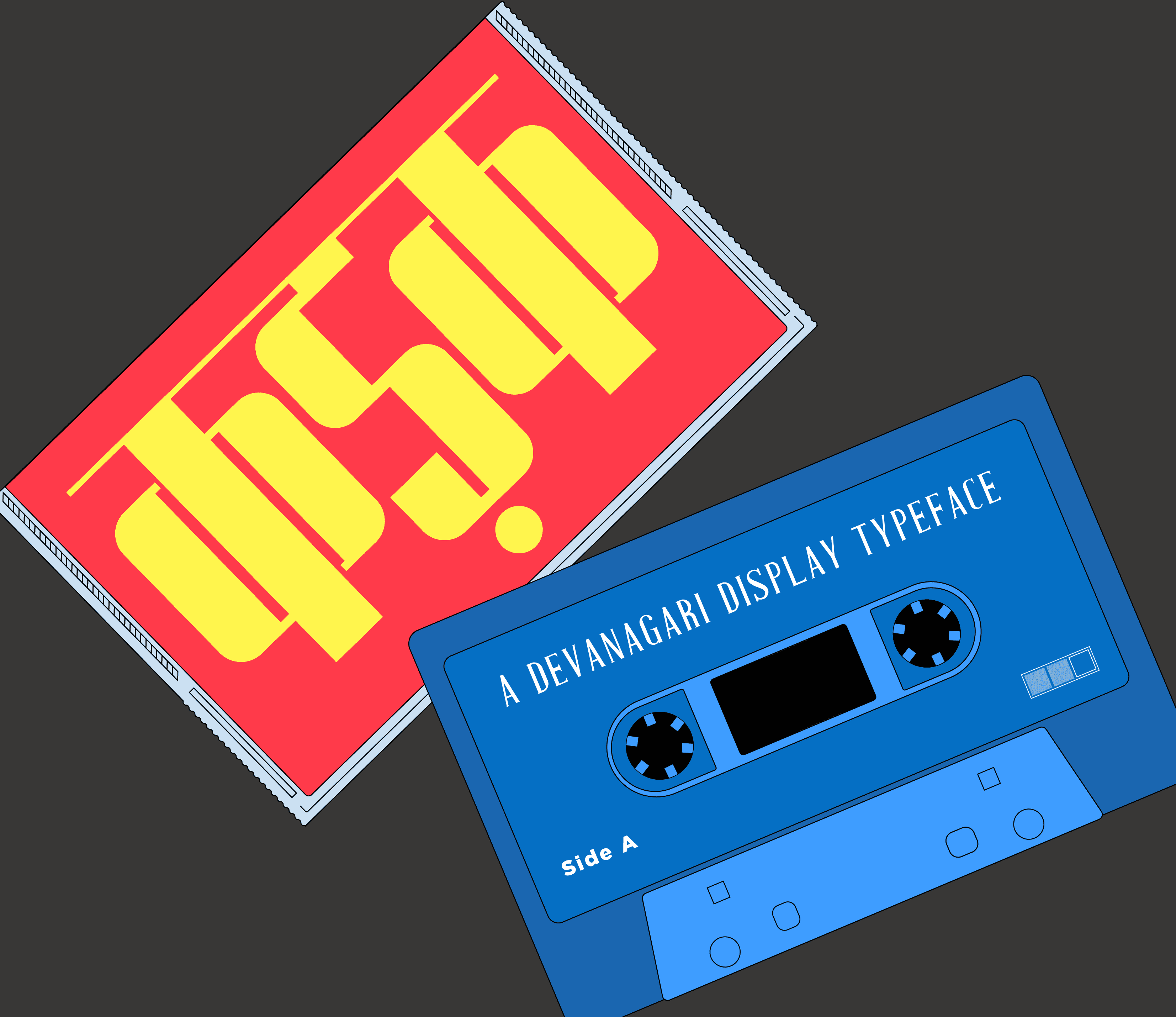 Blue audio cassette labeled "A Devanagari Display Typeface Side A" next to a red cassette case with yellow stylized text