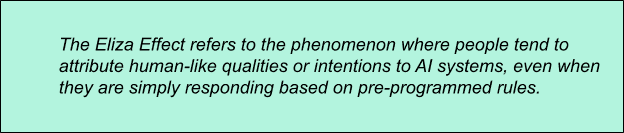 The Eliza Effect refers to the phenomenon where people tend to attribute human-like qualities or intentions to AI systems, even when they are simply responding based on pre-programmed rules.