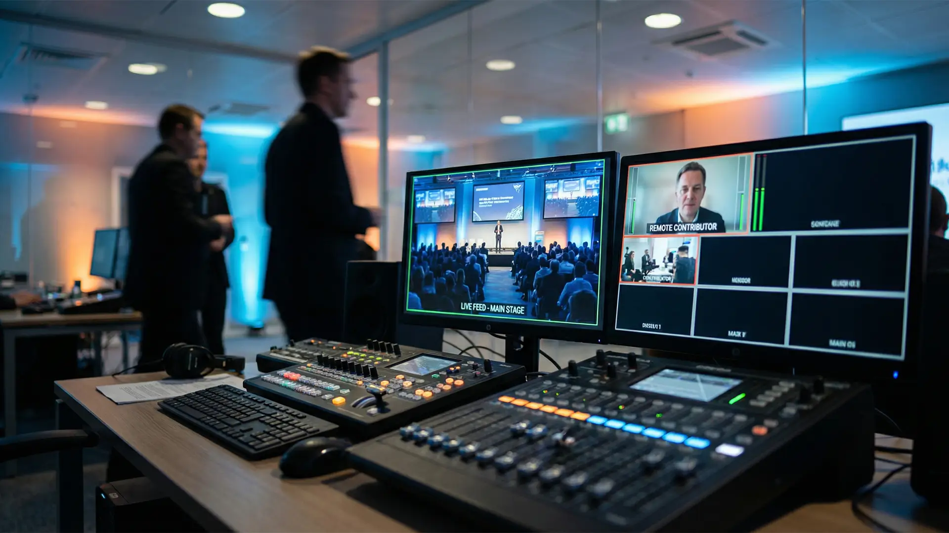 Broadcast control desk managing a hybrid global event, with live audience feed and remote speakers displayed on monitors.