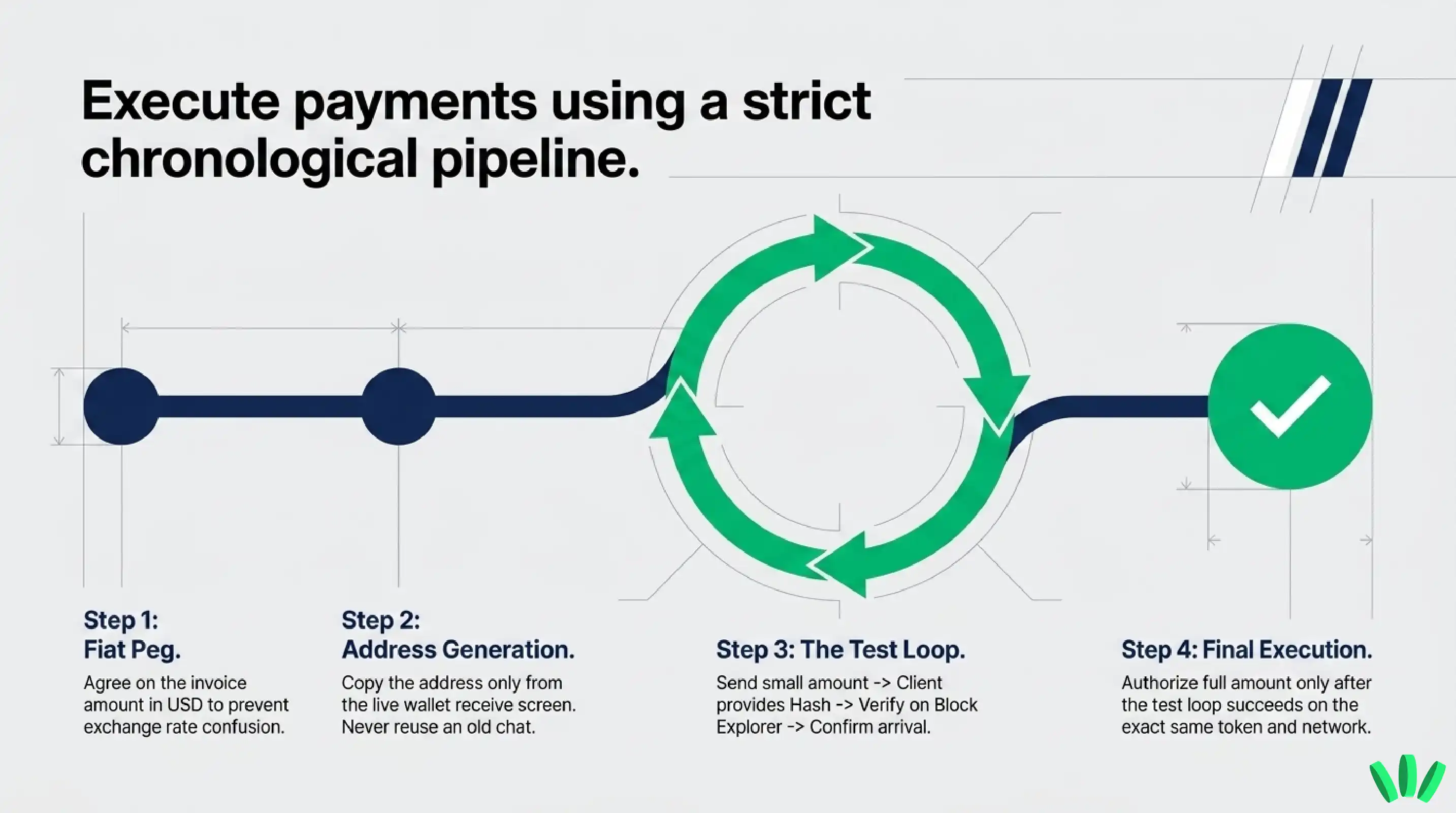 Timeline showing a stablecoin payment workflow: agree on USD invoice amount, copy address from live wallet receive screen, verify a test payment, then approve the final transfer.