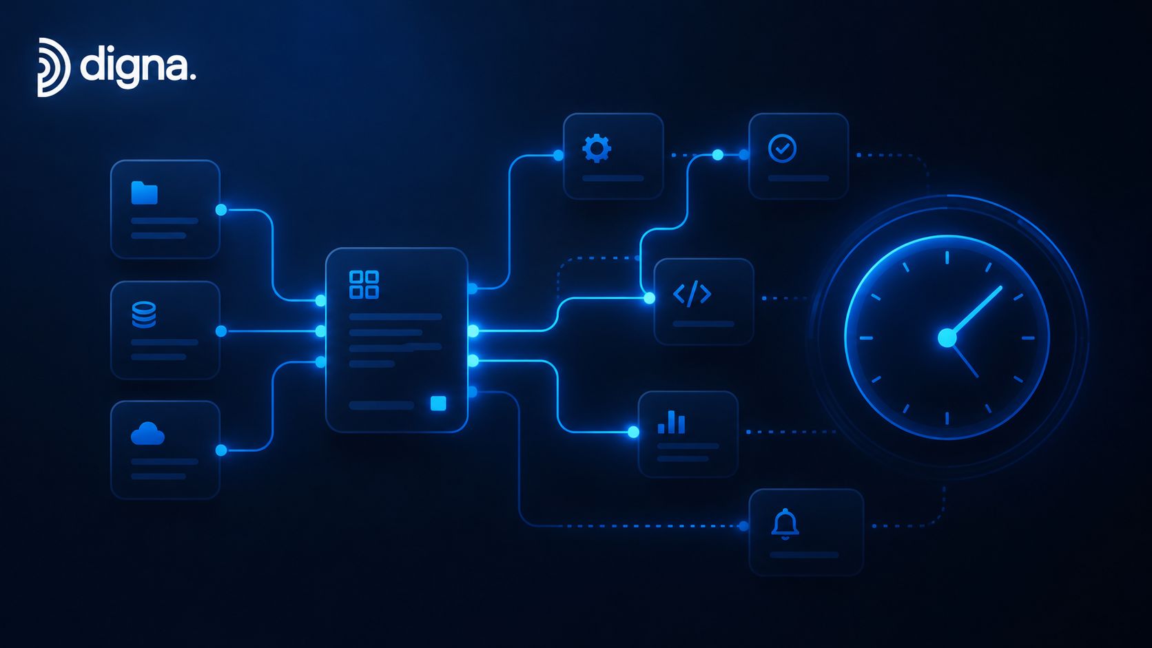 A digital flowchart infographic representing a batch process connecting data sources to various automated analytical tasks.
