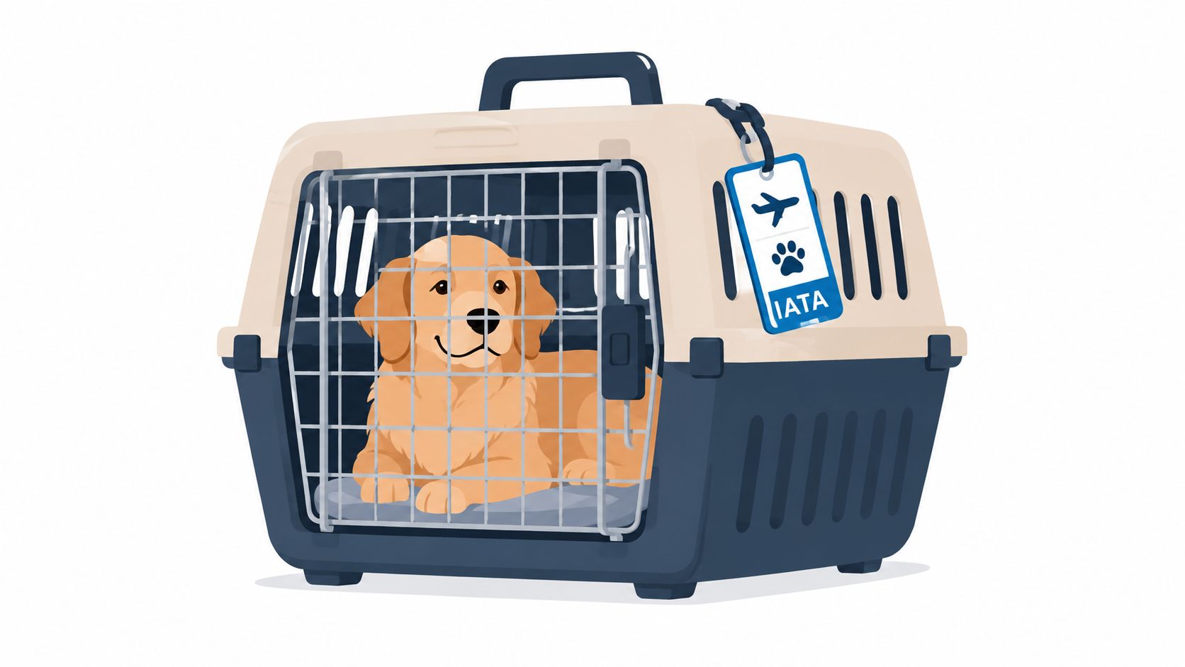 A happy golden retriever dog resting inside an IATA approved travel crate for air travel.