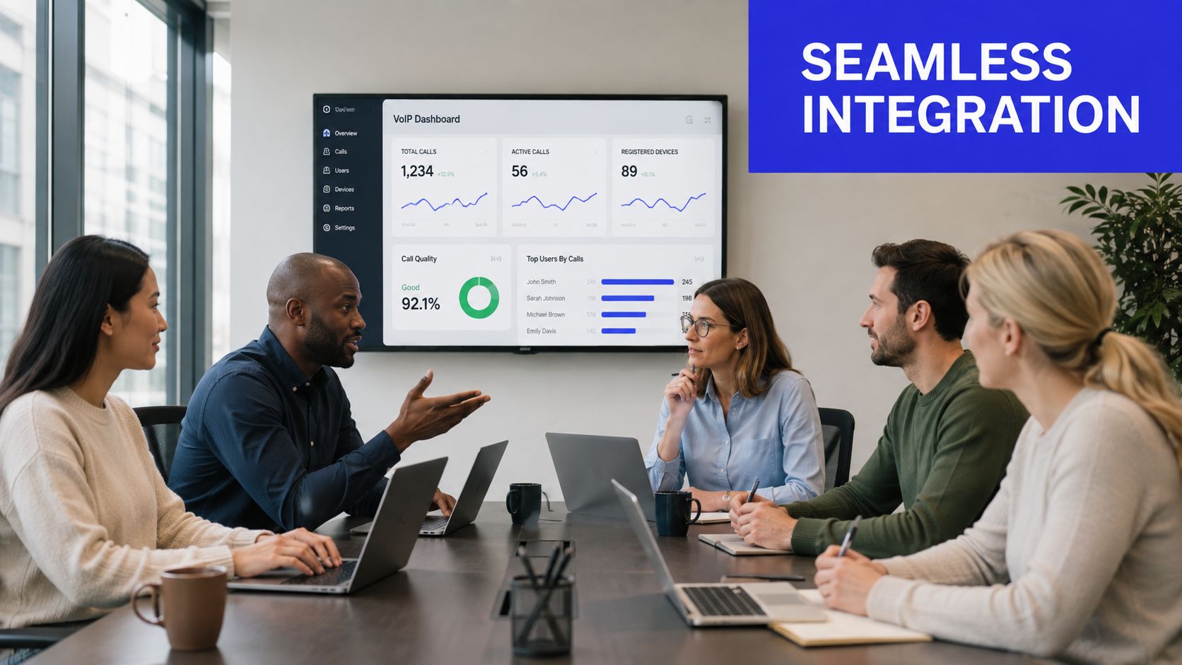 A diverse team of professionals collaborating in a modern conference room with a VoIP dashboard displayed.