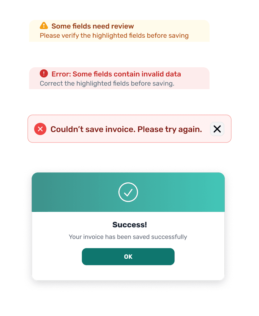 Feedback components including warning and error banners, an error toast, and a success modal