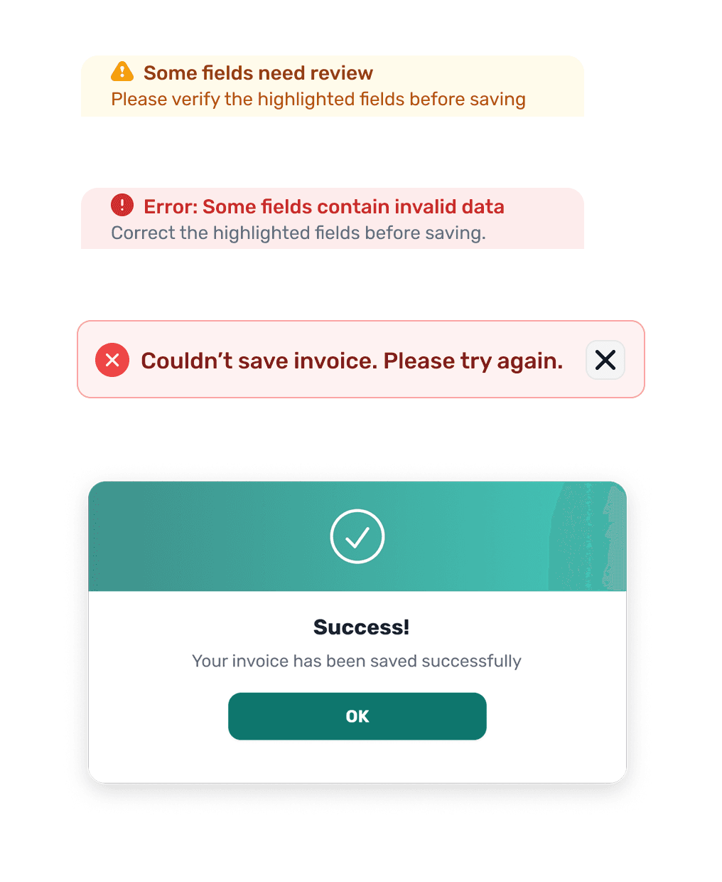 Feedback components including warning and error banners, an error toast, and a success modal