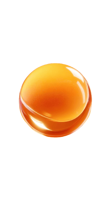 A glossy, translucent orange sphere with highlights and reflections sits against a black background, conveying a sense of elegance and simplicity.