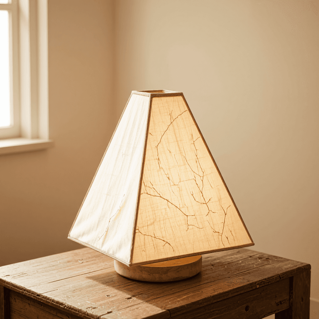 product photography of a decorative lamp with a triangular shape, used for ambient lighting