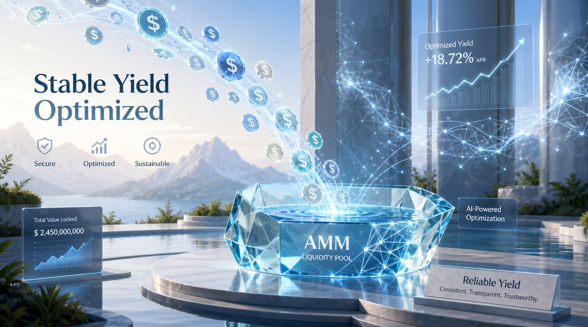 A digital graphic depicting an Automated Market Maker liquidity pool with rising dollar coins and yield data.
