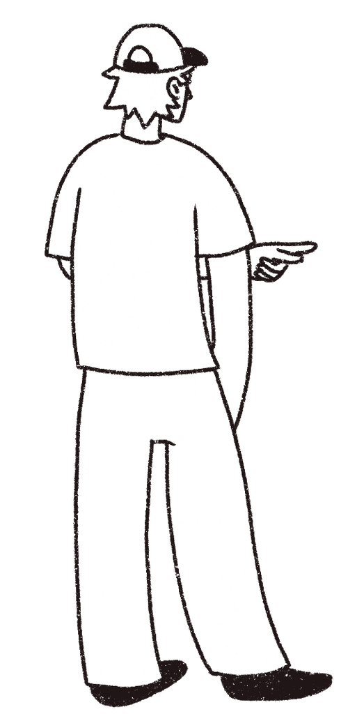 chad with his back to us, pointing at the social media reel