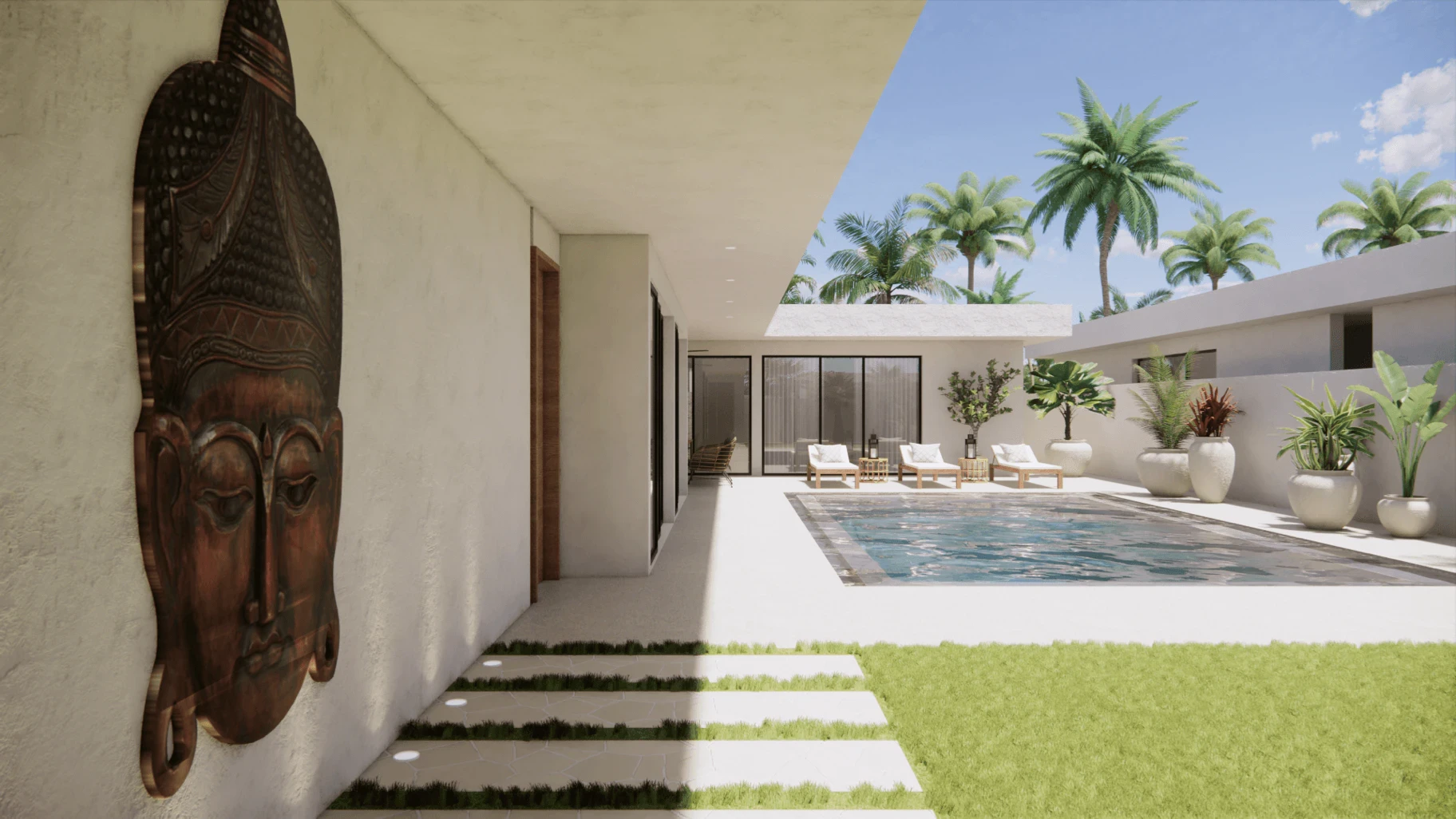 Vstup do jedné z vil projektu Koh Samui Villas s moderní fasádou