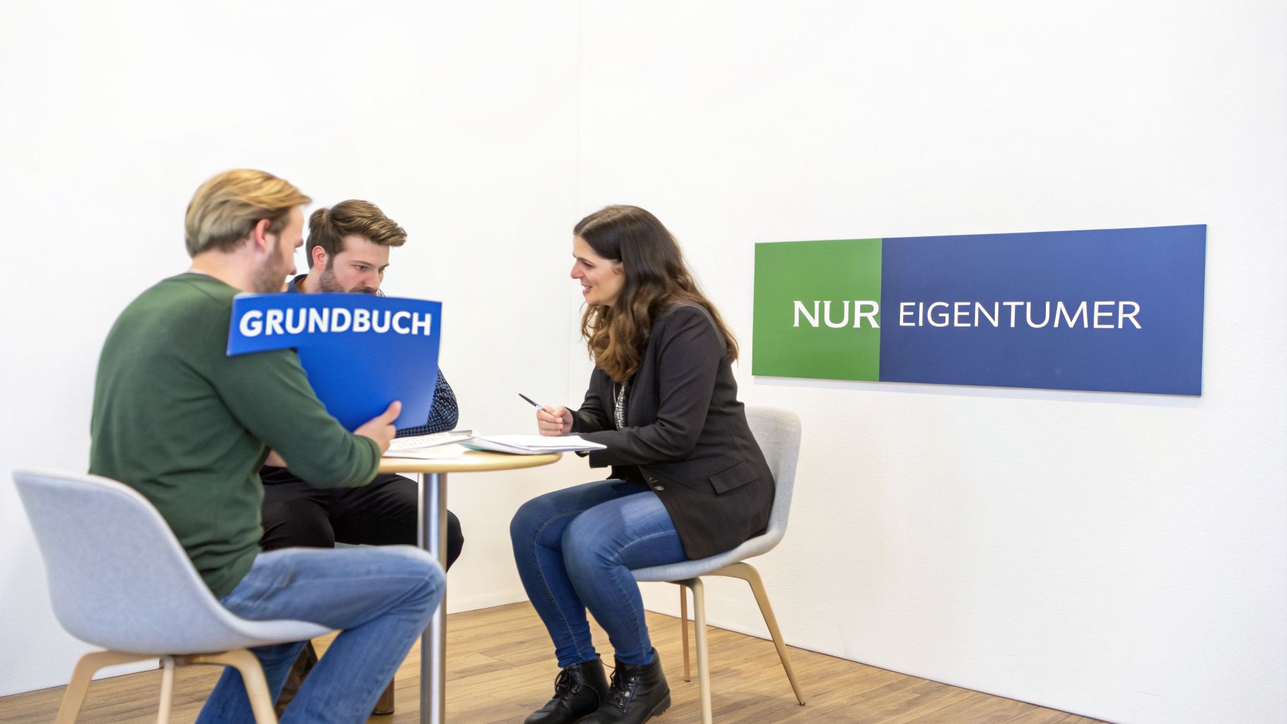 Drei Personen bei einem Gespräch an einem Tisch, einer hält ein Grundbuch. Ein Schild zeigt 'NUR EIGENTUMER'.