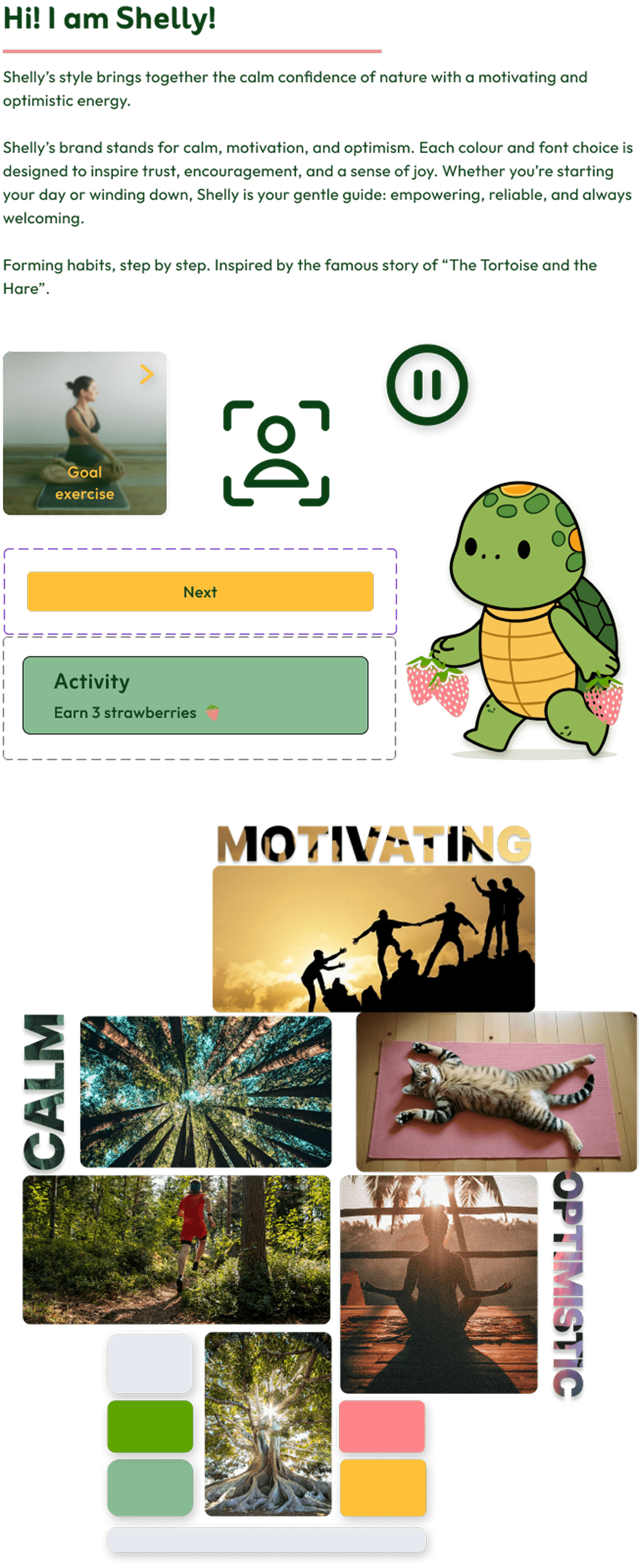 Style tile showcasing Shelly app’s brand attributes, color palette, inspirational images for calm, motivation and optimism, example icons, and tortoise mascot holding strawberries.