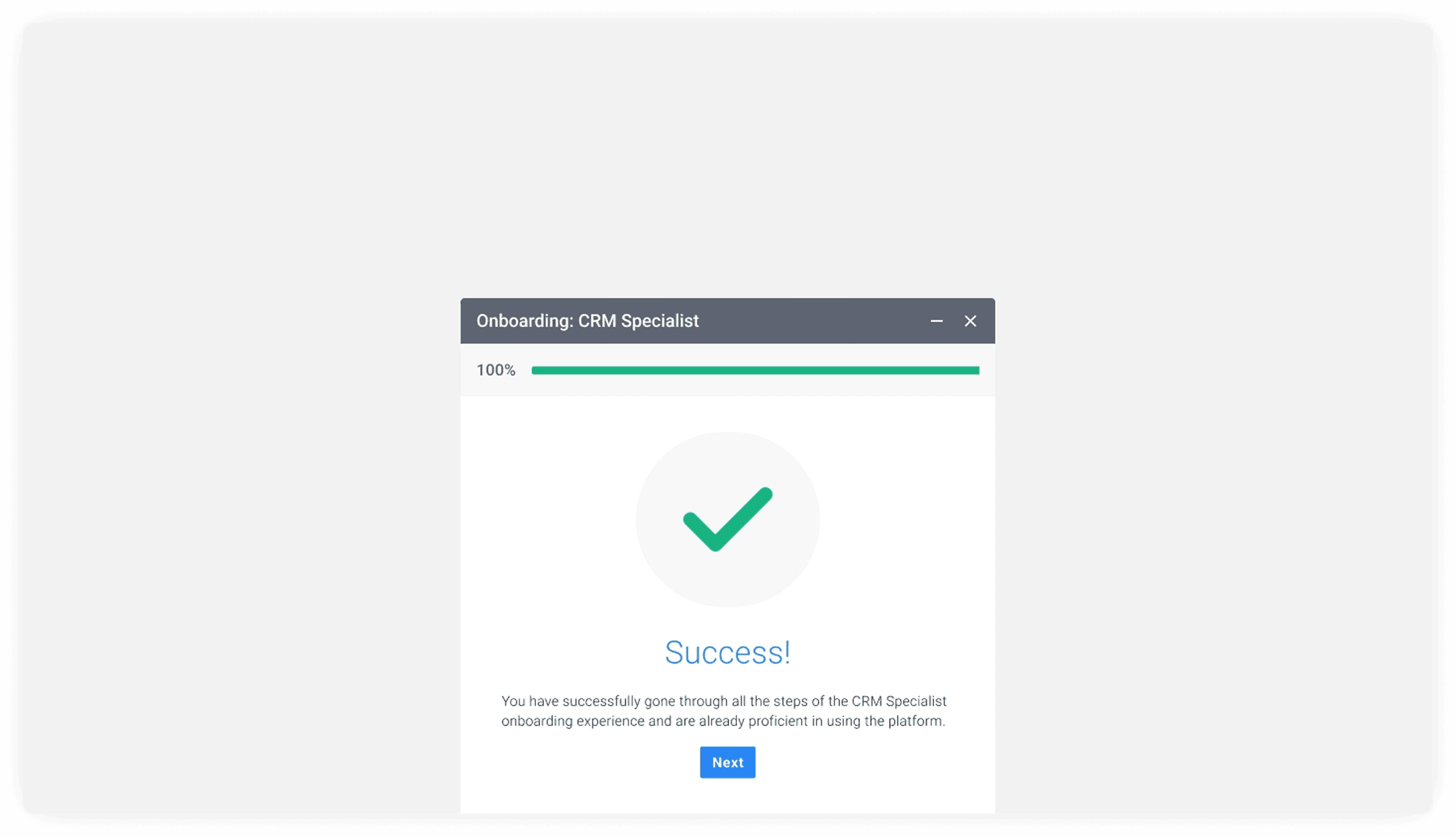 Desktop onboarding UI for an ERP platform showing the final success state of the onboarding