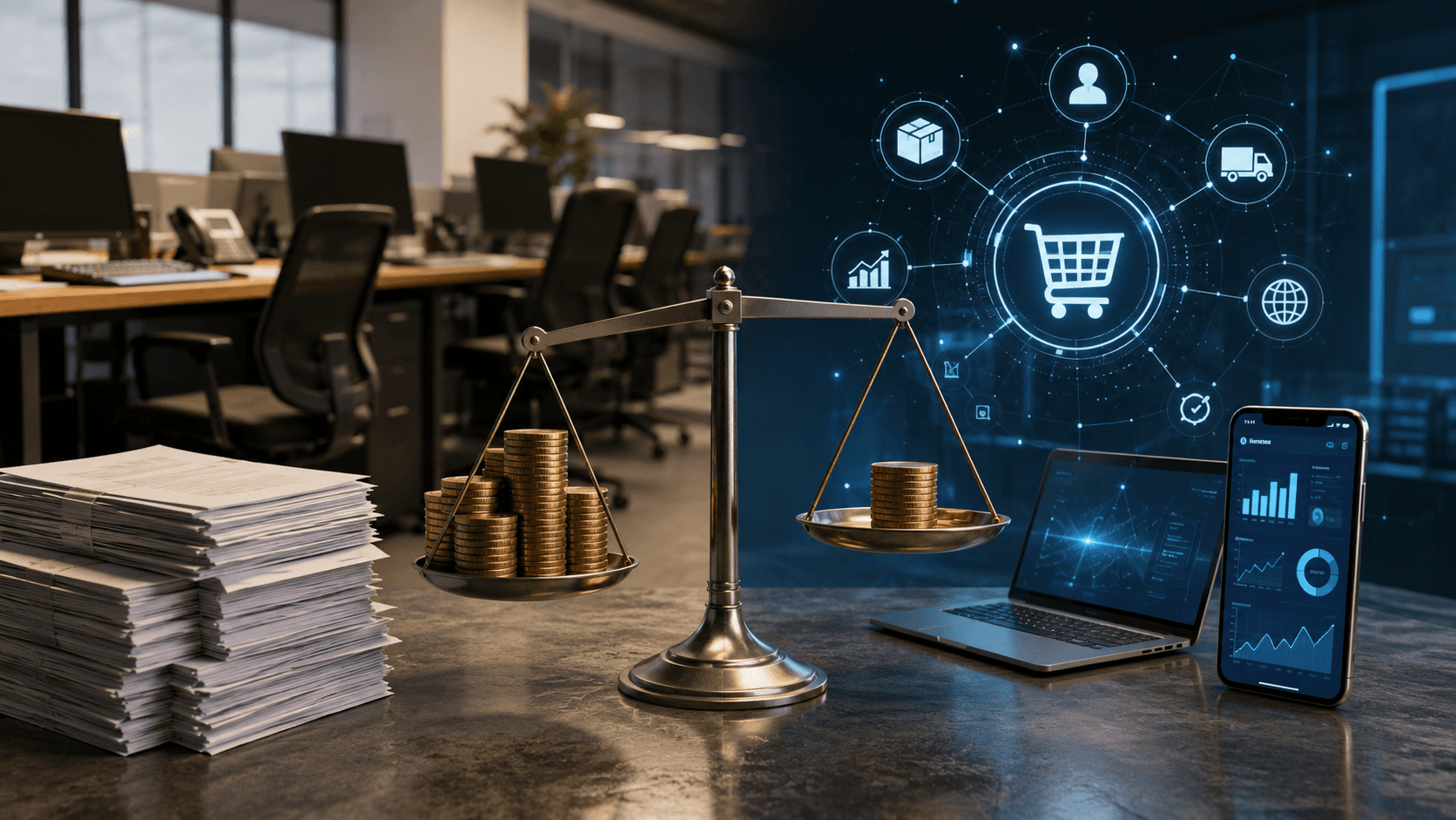 Ilustração realista em 3D, formato 16:9, mostrando um ambiente corporativo moderno sem pessoas. Em primeiro plano há uma mesa com pilhas de documentos, moedas empilhadas e dispositivos digitais exibindo gráficos de desempenho e indicadores de vendas. Elementos visuais de comércio eletrônico e pedidos online aparecem integrados ao cenário, incluindo ícones de carrinho, logística e análise de dados. A composição transmite a comparação entre custos operacionais de processos manuais de televendas e a eficiência de um canal digital B2B ativo, com foco em volume de pedidos recorrentes, produtividade e redução de custos. Sem textos na imagem.