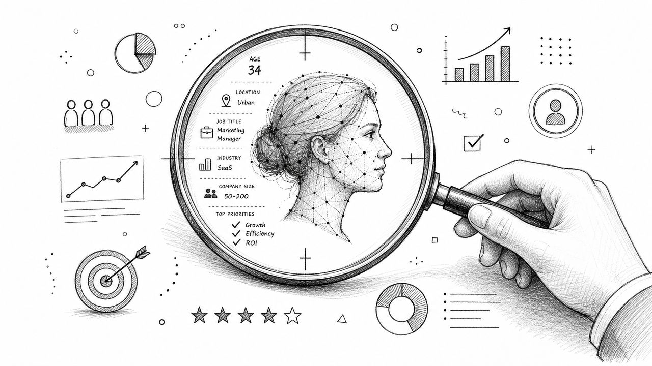 A hand holding a magnifying glass over a digital sketch of a woman analyzing marketing demographics.