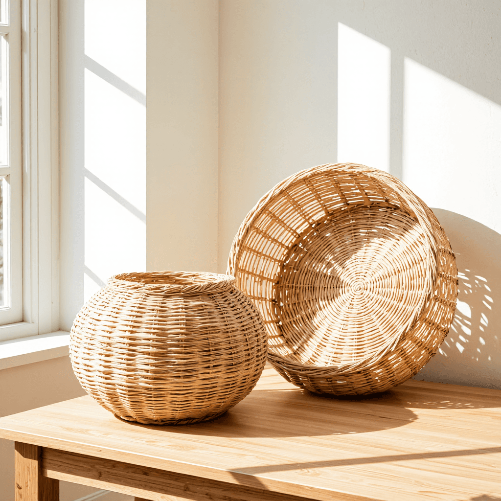 product photography of a set of woven baskets for storage
